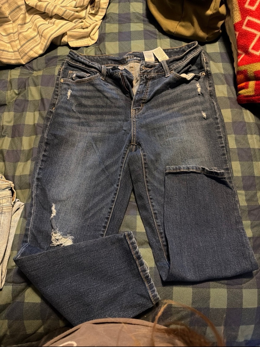 Time and Tru Dark Blue Distressed Straight Leg Jeans